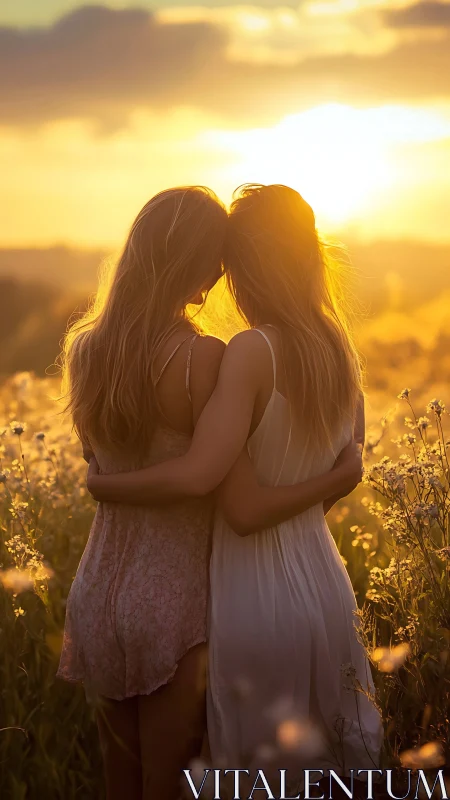 Two Girls Embracing at Golden Hour in Wildflower Field
