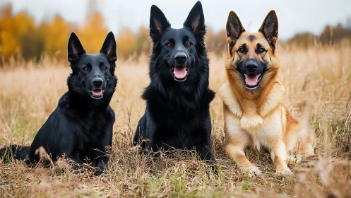 German shepherd trio posed in autumn field portrait.