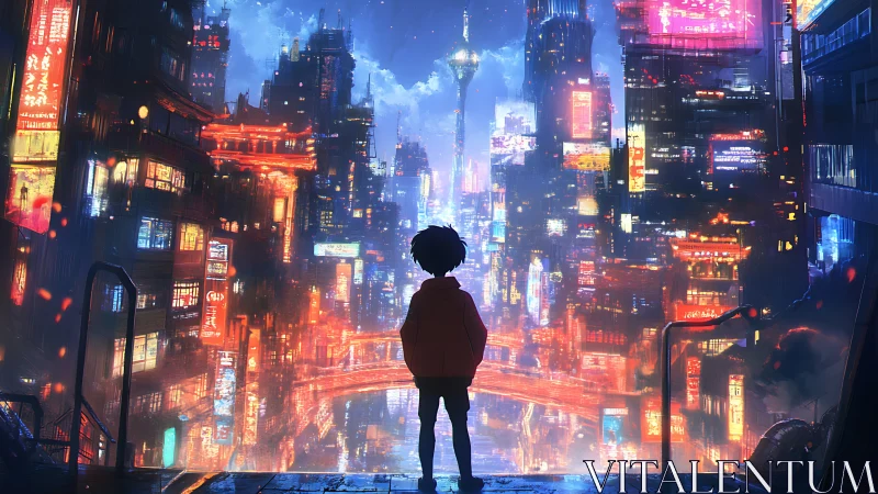 Silhouetted youth overlooking dense neon cyberpunk city.