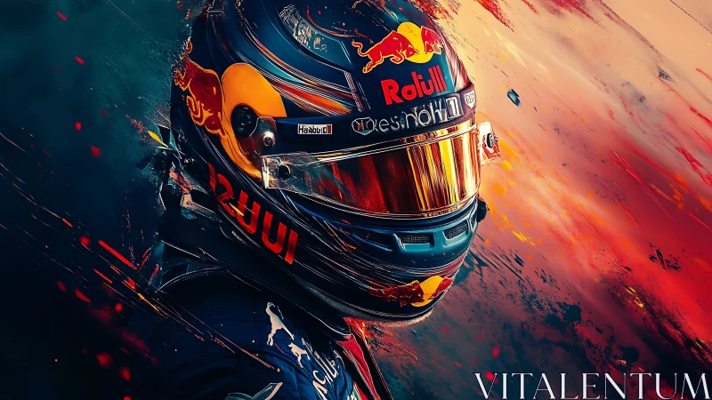 High-detail racing helmet portrait with dynamic color streaks