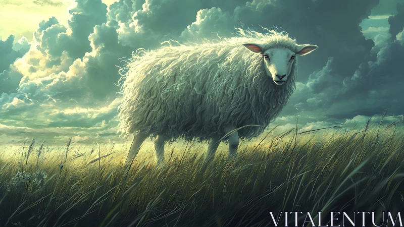 Sheep stands in windswept grassland under dense cloud cover