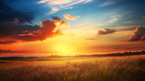 Sunset over open grassland with distant dark treeline.