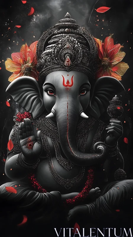 Digital chiaroscuro portrait of Ganesha with ornate crown