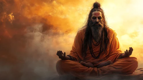 Golden sunrise surrounds a serene sage in deep meditation