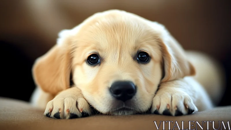 Golden retriever puppy rests with soulful eyes on sofa.