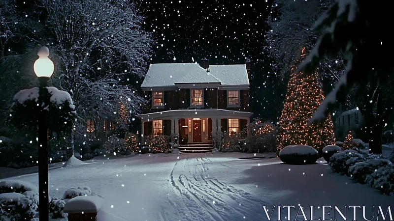 Snowfall illuminates a decorated suburban house with warm lighting