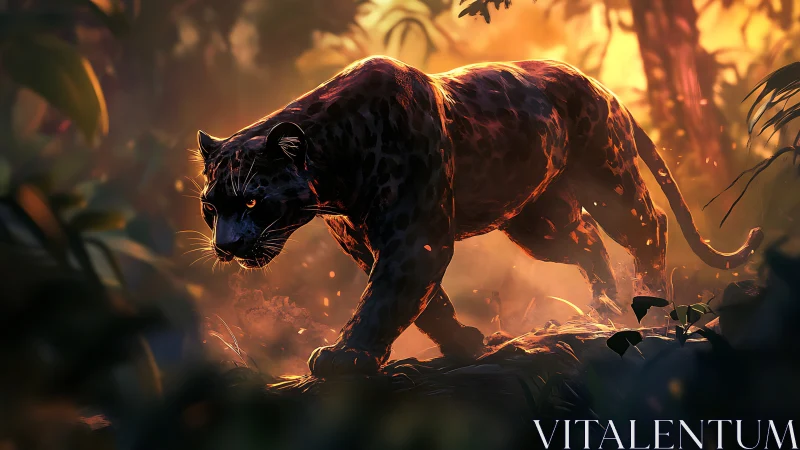 Black Panther Prowling Through Golden Jungle Undergrowth.
