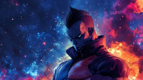 Cosmic warrior portrait against vibrant nebula sky.