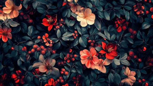 Deep red and coral flowers blooming with vibrant berries in dark foliage.