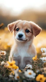Sunlit puppy daydream among golden meadow blossoms.
