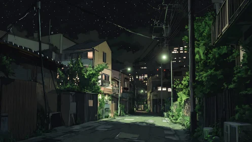 Nighttime urban alley shows dim streetlights and dense foliage