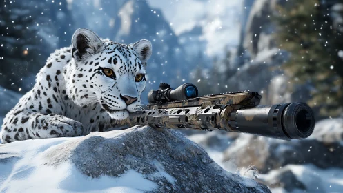 Snow Leopard Takes Aim in Alpine Winter Mountains