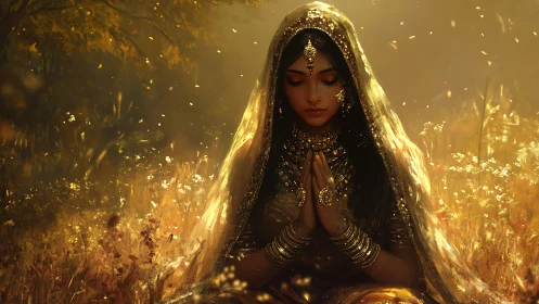 Golden robed woman in prayer amid glowing autumn field.