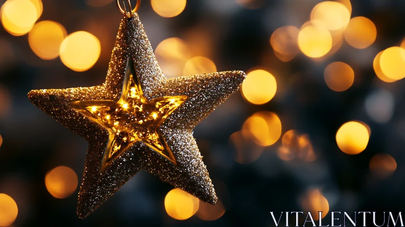 Star ornament hangs before defocused circular light sources