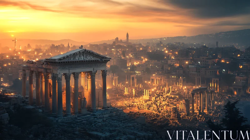 Sunset-lit neoclassical temple ruins in dense urban sprawl.