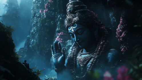 Colossal blue deity statue in misted forest shrine glows softly