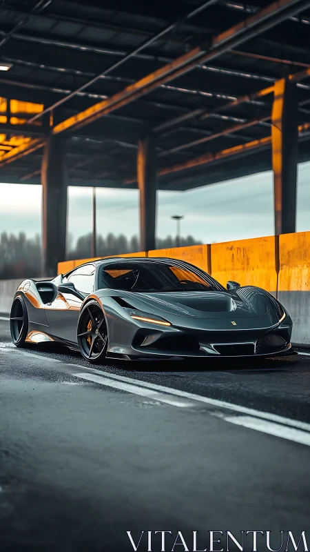 Low-angle grey supercar parked beneath urban overpass