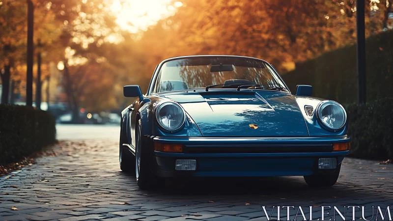 Classic blue sports cabriolet on cobblestone lane at sunset