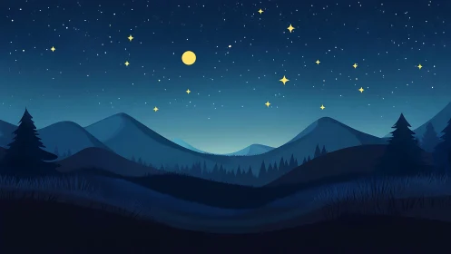 Minimalist night mountain landscape under star-dense sky