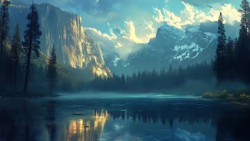 Mountain lake at dawn with mist and tall pine trees.