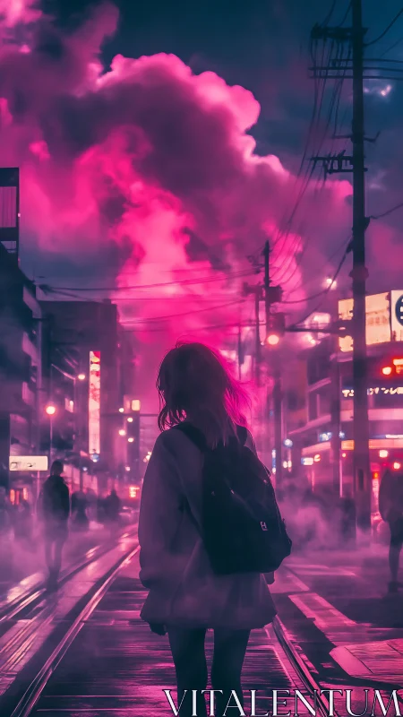 Neon city wanderer enjoys a dreamy pink misty night walk