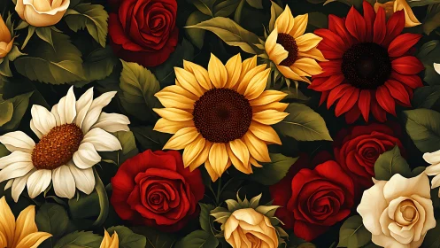 Mixed Floral Arrangement with Roses, Sunflowers, and Daisies.