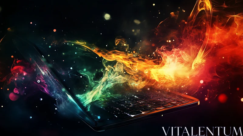 Digital painting of laptop with luminous spectral data streams.