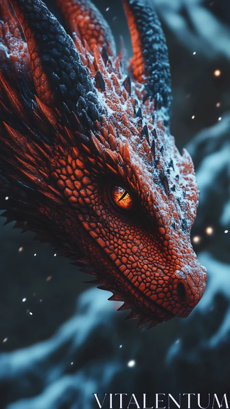 Ember-scaled dragon in snowfall with intense molten gaze.