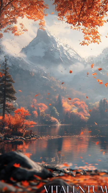 Snowy mountain over autumn lake with vivid orange foliage.