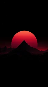 Minimalist red eclipse behind silhouetted mountain ridge