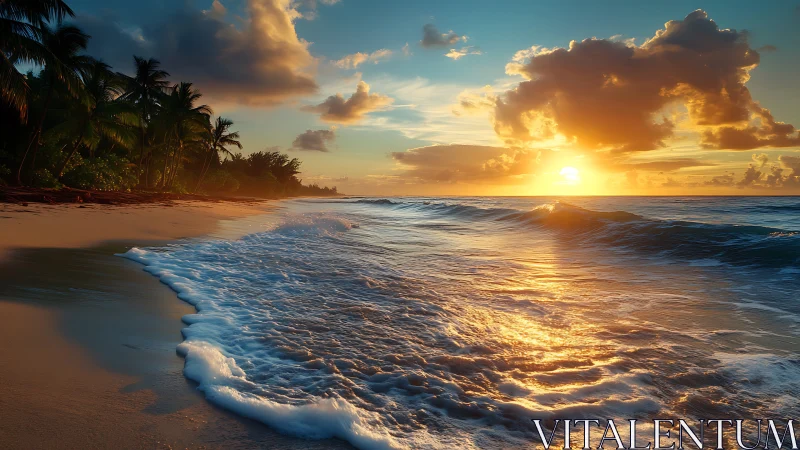 Tropical shoreline with waves under a warm sunset sky.