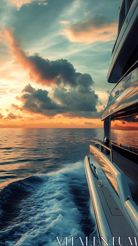 Sunset wake trailing beside a sleek ocean yacht escape.