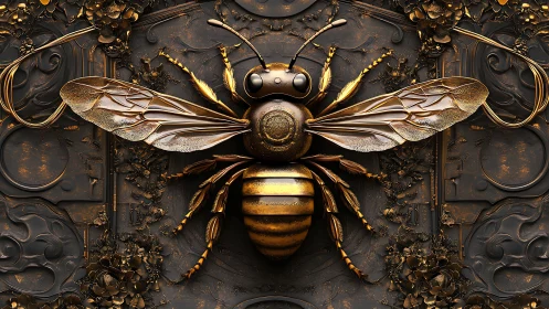 Gilded mechanical bee relief with ornate baroque metalwork
