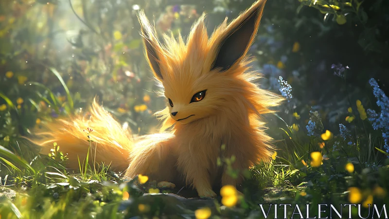 Photorealistic electric fox creature in sunlit meadow habitat.