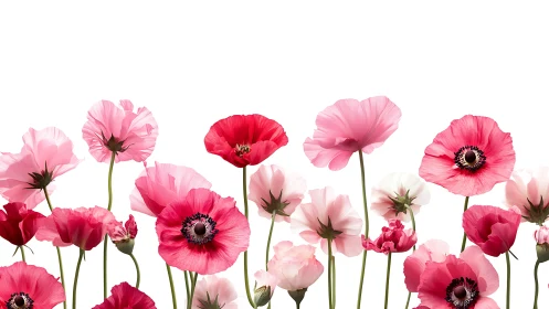 Pink and Magenta Anemone Flowers Against White Background.