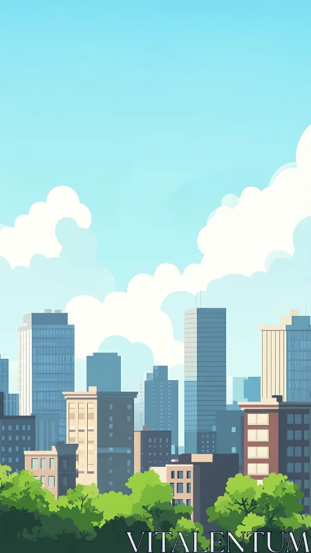 Sunlit midrise skyline contrasts with layered cartoon clouds