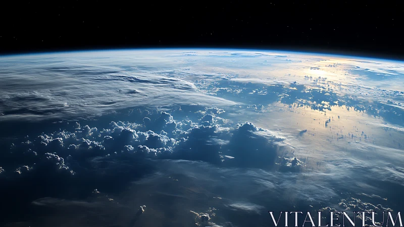 Low Earth orbit horizon with reflective cloud deck and sunlit sea.