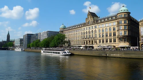 Historic riverside building lines tranquil urban waterfront