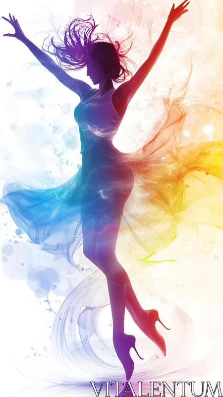 Silhouetted female figure in multicolored abstract motion.