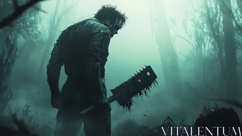 Shrouded figure grips brutal blade in a misty haunted forest