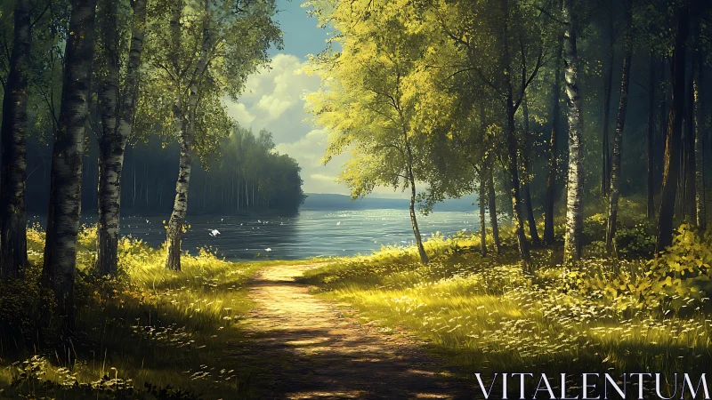 Luminous forest corridor with water vista: volumetric lighting through deciduous canopy architecture