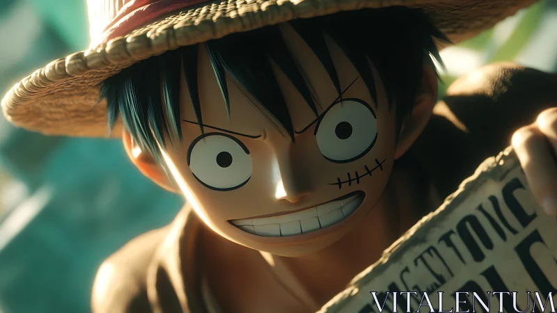 Straw hat pirate grins under warm cinematic sunlight.