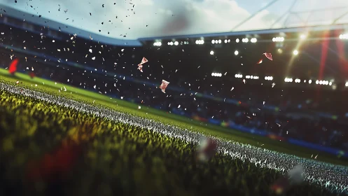 Floodlit football pitch edge with drifting stadium confetti.