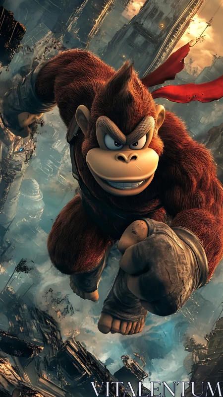 Muscular cartoon gorilla punches forward over ruined city