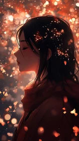 Side profile of a girl in red scarf amid drifting light forms
