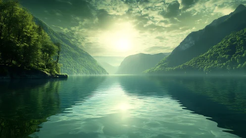 Emerald mountain lake sunrise with mirrored water reflections.