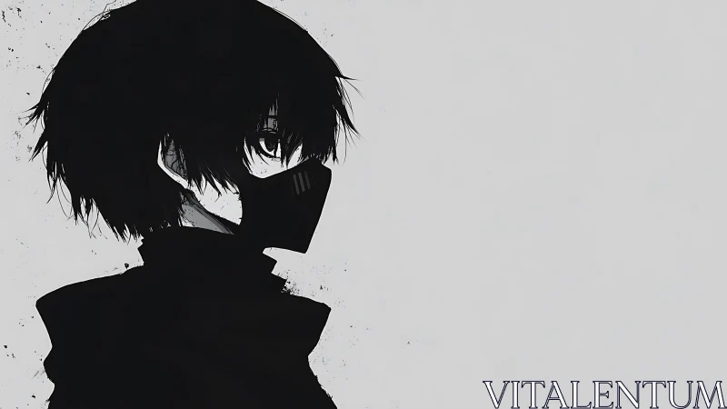 Masked dusk wanderer in stark monochrome silence.