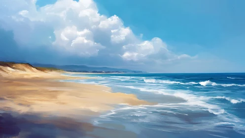Digital painting seascape with luminous clouds and tidal surf.