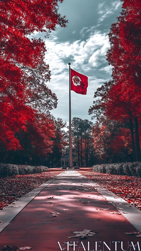 Scarlet avenue to the lone flag under frosted sky.