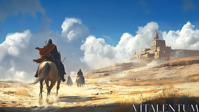 Riders crossing sunlit sands toward a distant golden citadel.